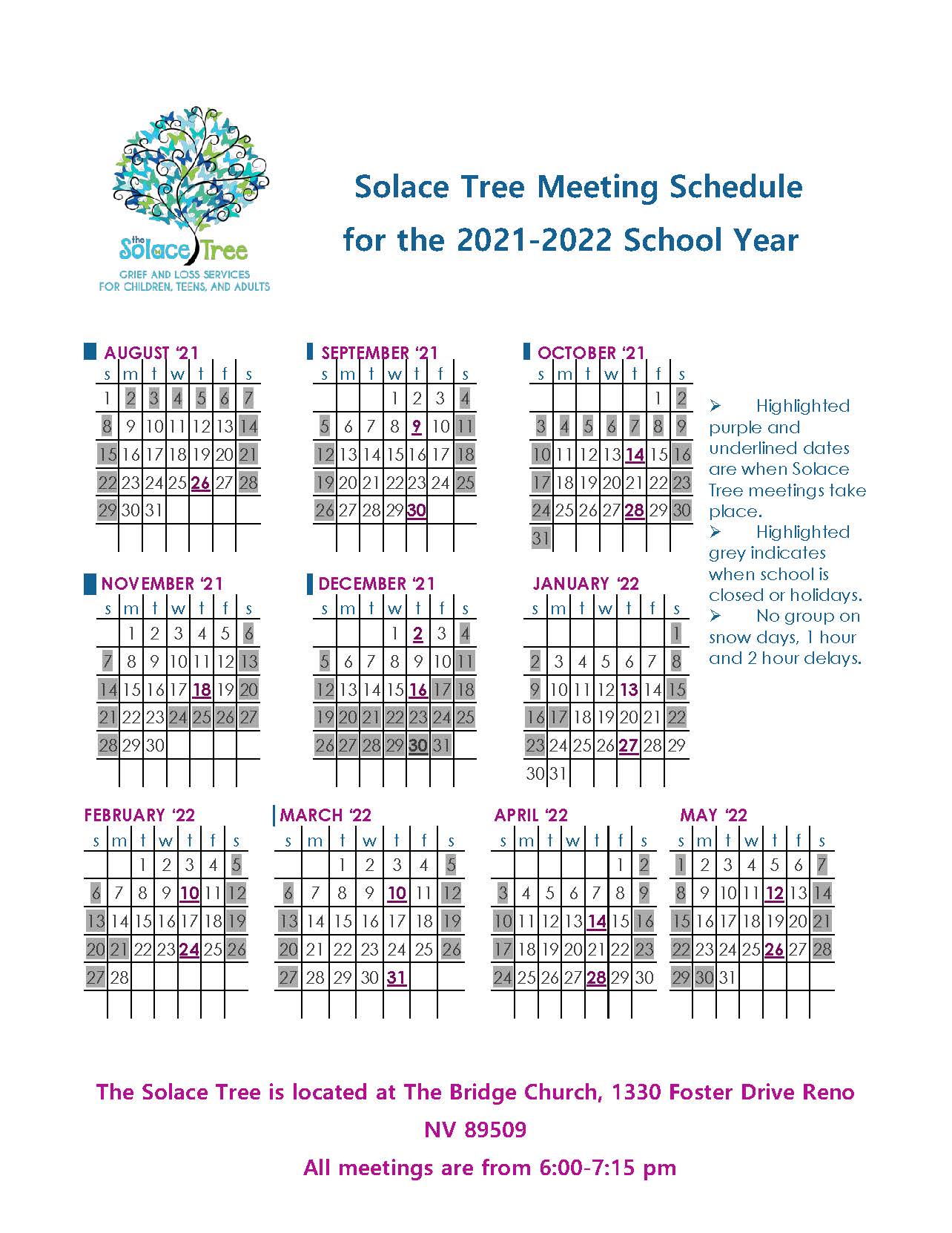 Solace Tree Meeting Schedule for 2021-2022