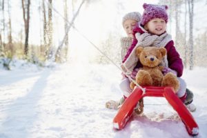 Kids are enjoying sled ride in snow forest